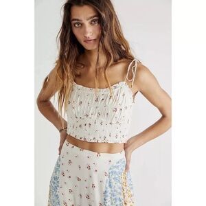 Free People Ivory Kaia Floral Smocked Cropped Ruffled Sleeveless Size M
